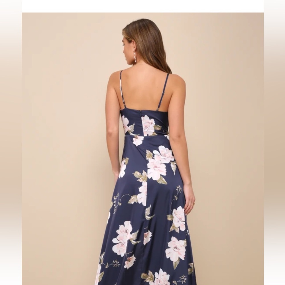 Blue Floral Maxi Dress with Asymmetrical Slit - Picture 3 of 4